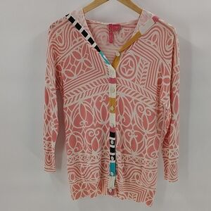 Charlotte Tarantola Button Down Silk Pink Stripe Hood Sweater Large Lightweight